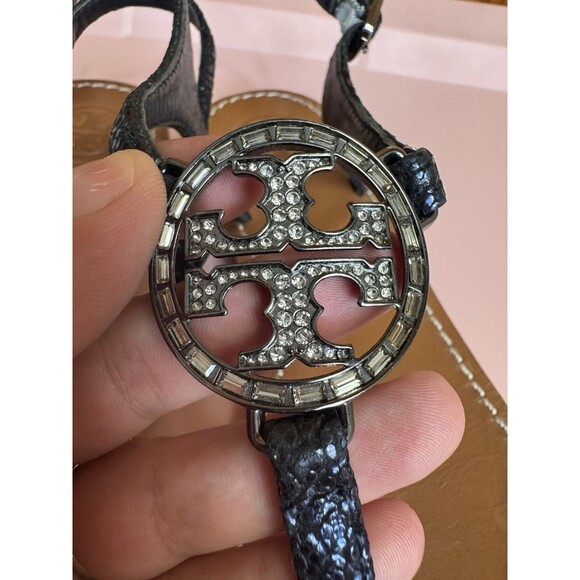 TORY BURCH NAVY BLUE GLITTER & RHINESTONE T STRAP SANDALS THONGS SIZE 8 - Picture 2 of 11